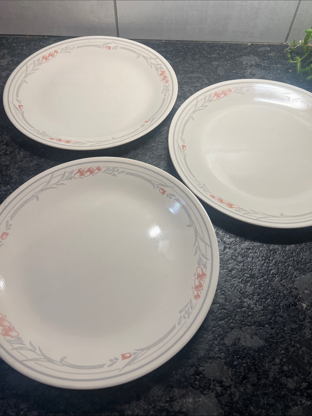 SET OF 3 DISCONTINUED Vintage Corelle Rose Tulip 10” dinner plates.